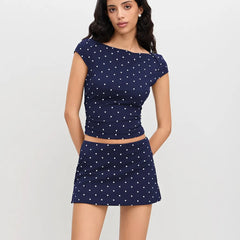 Polka Dot Short Sleeve Boat Neck Crop Top and Low Rise Mini Skirt Set