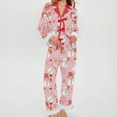 Christmas Tie Up Fur Trim Long Sleeve Shirt And Pants Sleepwear Set