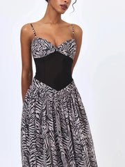 Zebra Print Spaghetti Strap Mesh Corset Patchwork Maxi Dress