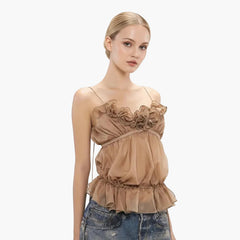 Brown Ruffle Camisole Sheer Strappy Top