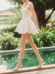 White Square Collar Sleeveless Bow Corset Puffy Short Dress