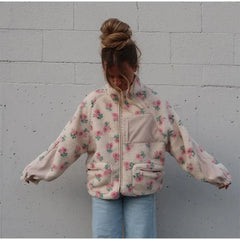 Floral Plush Zipper Pockets Jacket
