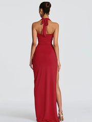 Halter Deep Cowl Neck Split Maxi Dress