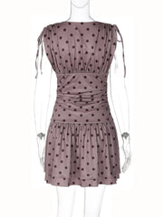 Polka Dot Deep Neck Drawstring Mini Dress