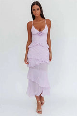 Spaghetti Strap 3D Rose V Neck Ruffle Maxi Dress