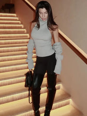 Ribbed Knit Turtleneck Cutout Shoulder  Vest Long-Sleeved Shawl 2-Piece Set Top
