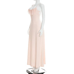 Pink Ruffle Back Tie Up Maxi Dress