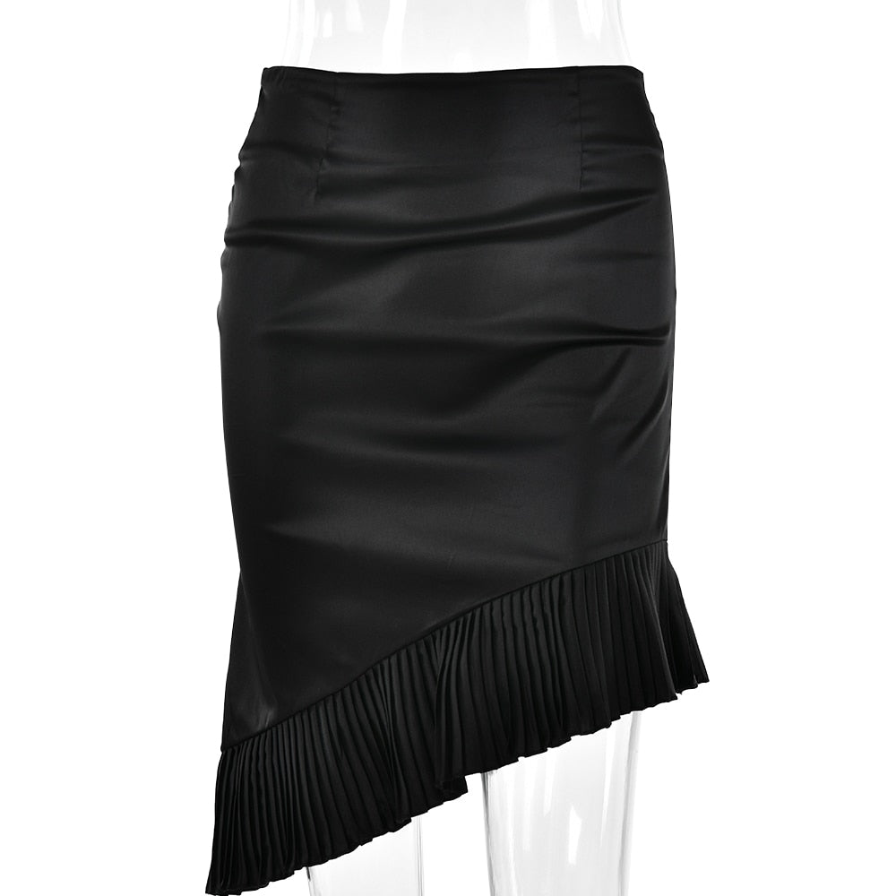Satin Irregular Pleated Trim Midi Skirt