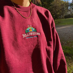 Yellowstone National Park Embroidered Wine Red Sweatshirt Pullover