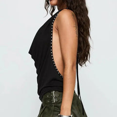 Studded Trim Halter Cowl Neck Top