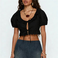 Lace Trim Puff Sleeve Tie Up Front Crop Top
