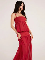 Red Mesh Puff Waist Sleeveless Maxi Dress