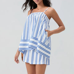 Blue Striped Cami Babydoll Top And Shorts Set