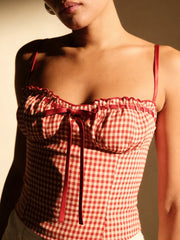Ribbion Strap Gingham Crop Top