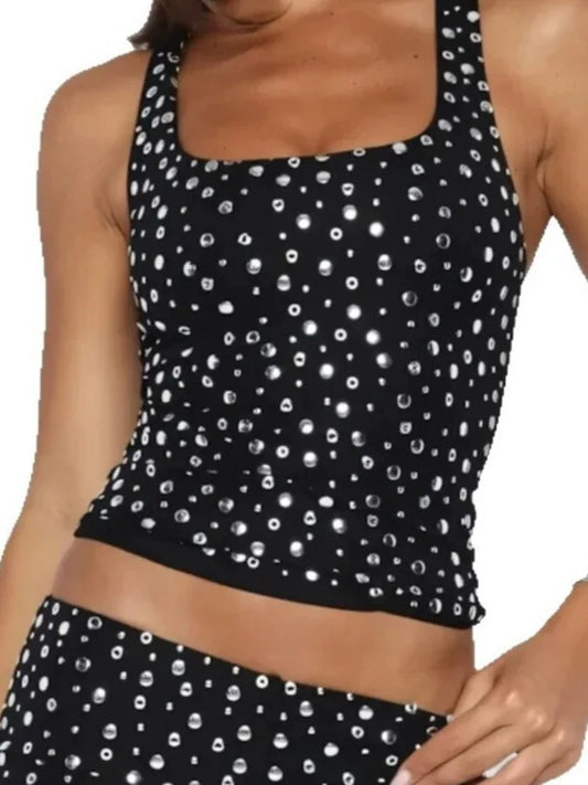 Black Rhinestone Embellished Tank Top And Low Waist Shorts Two Piece Set