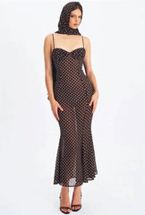 Black Polka Dot Sweetheart Neck Spaghetti Strap Scarf Maxi Dress