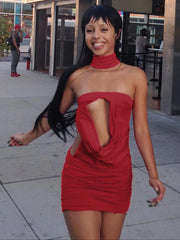 Red Cowl Cut Out Strapless Choker Neck Mini Dress
