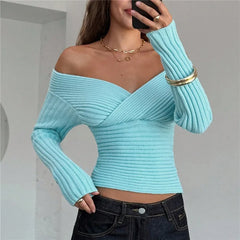 Blue Off Shoulder Wrap V-Neck Long Sleeve Ribbed Top