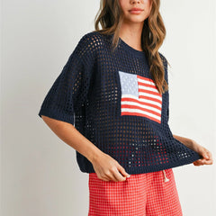 American Flag Print Knit Crochet Top
