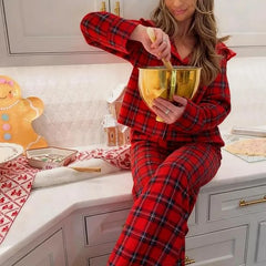 Plaid Ruffle Collar Button Long Sleeve Top And Wide Leg Pants Set