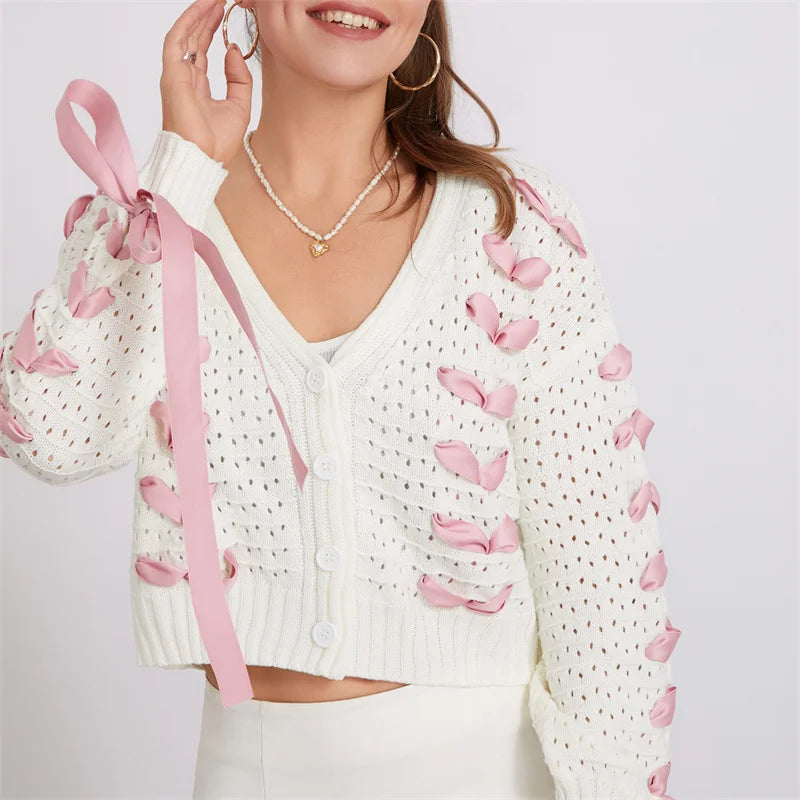 White Pink Ribbon Lace Up Sweater Cardigan