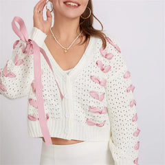 White Pink Ribbon Lace Up Sweater Cardigan - Free From Label