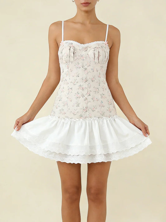 White Floral Print Cami Ruffled Lace Hem Mini Dress