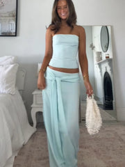 Blue Strapless Tube Top Wrap Tie Up Long Skirt Set