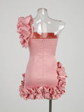 Black Pink One Shoulder Sleeveless Ruffled Ruched Mini Dress