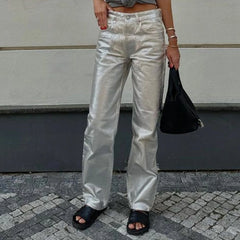 Metallic High Waist Denim Straight Leg Pants