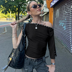 Off- Shoulder Hook Button Slit Sleeve Top
