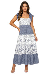 Strappy Tie-Up Smocked Printed Patchwork Maxi Dress