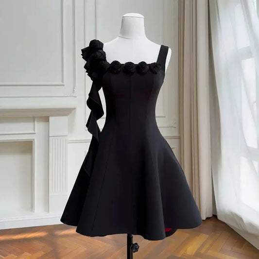 Black Square Collar 3D Floral Irregular Sash Mini Dress