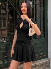 Short Sleeve Keyhole Cut Out Ruched Waist Mini Dress