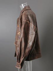 Brown Embroidery Butterfly Faux Leather Bomber Jacket