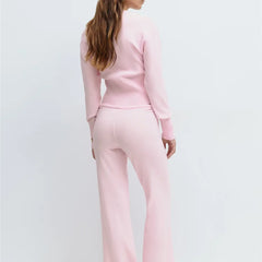 Ribbed Button Up Cardigan Top And Tracksuit Set