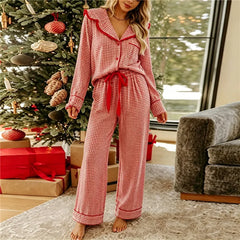Plaid Ruffle Collar Button Long Sleeve Top And Wide Leg Pants Set