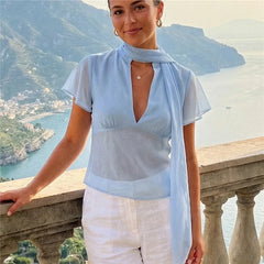 Mesh Short Flutter Sleeve Keyhole Neck Tie Scarf Collar Top