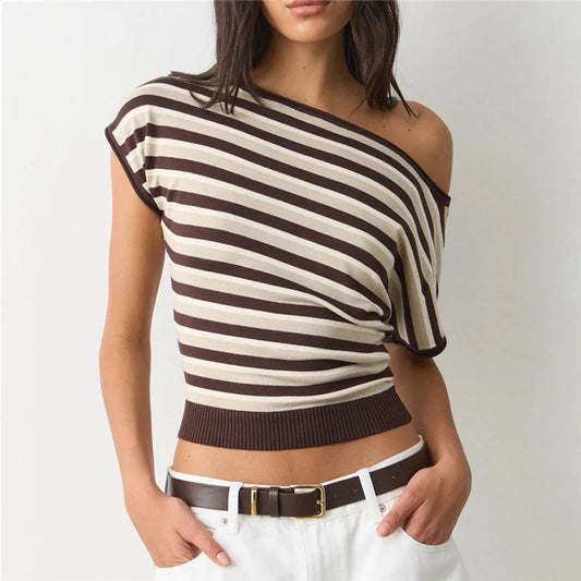 Striped Diagonal Off Shoulder Short Sleeve Knit Crop Top