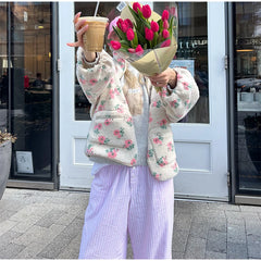 Floral Plush Zipper Pockets Jacket