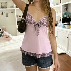 Pink Leopard Printed Patched Bow Camisole Top