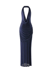 Blue Cowl Neck Diamonds Ruched Long Dress