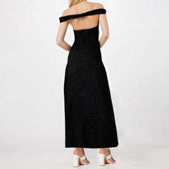 Dotted Off Shoulder Wrap Around Open Back Long Dress