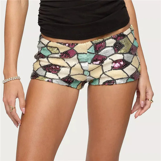 Sequin Geometric Print Low Waist Shorts