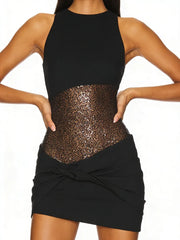 Black Sequin Sheer Patchwork Sleeveless Mini Dress