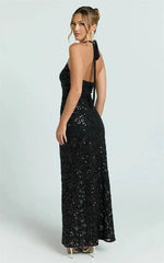 Halter 3D Floral Sequin Bodycon  Maxi Dress