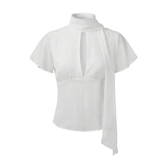 Mesh Short Flutter Sleeve Keyhole Neck Tie Scarf Collar Top