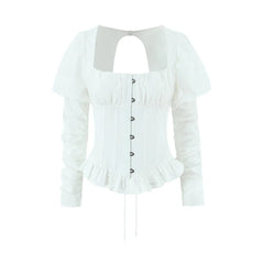 White Puff Square-neck Long-sleeve Lace Up Top
