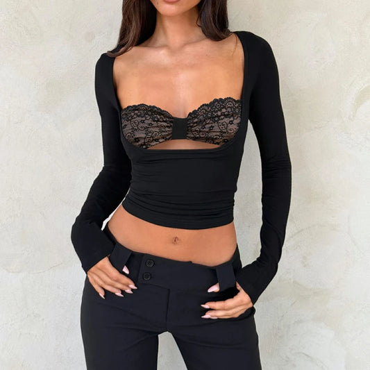 Long Sleeve Lace Cutout Patchwork T-Shirt