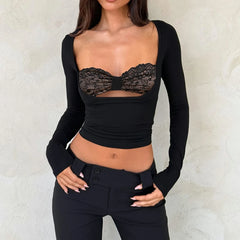 Long Sleeve Lace Cutout Patchwork T-Shirt